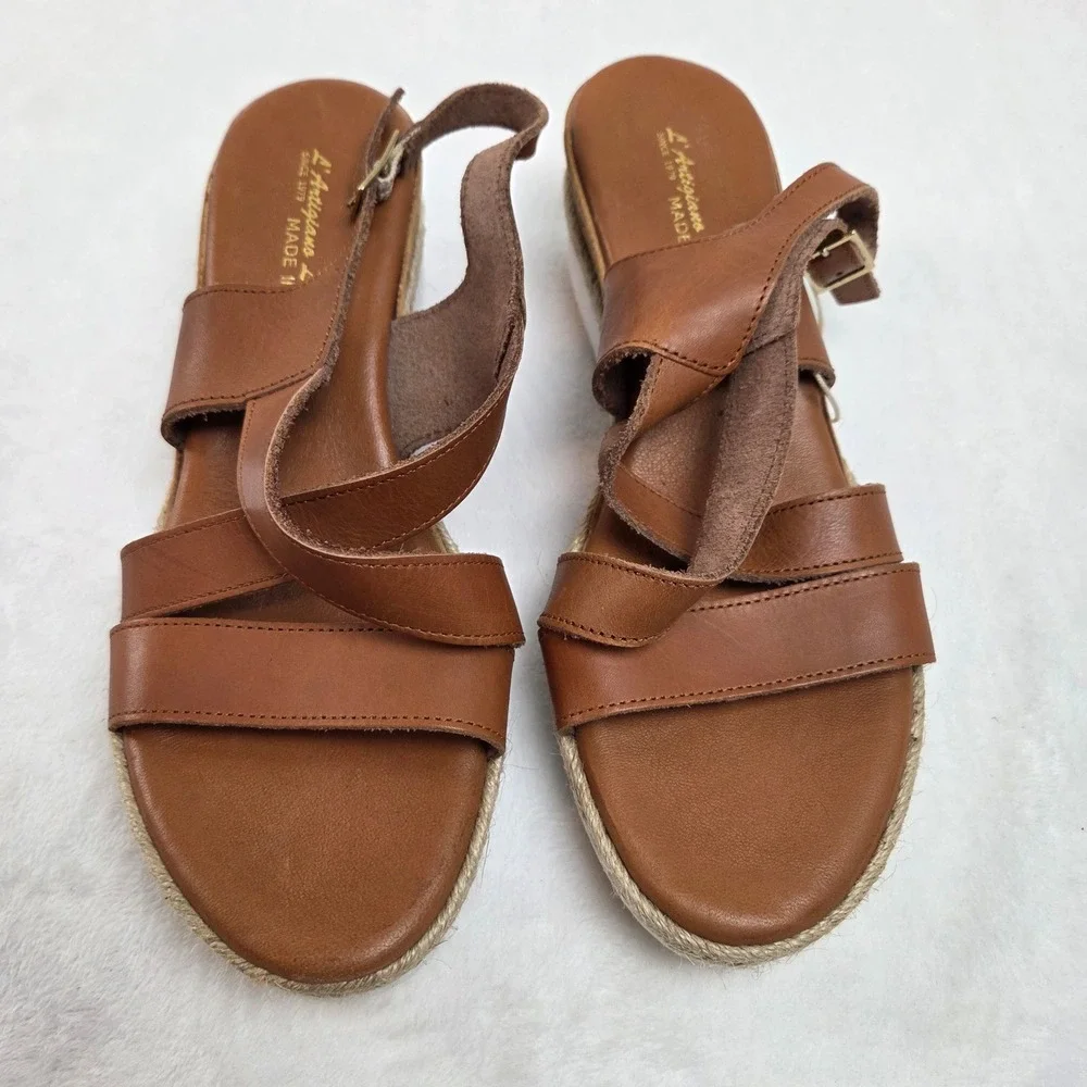 NWT L'Artigiano Lucchese Italy Happy‎ Brown Leather Cork Wedge Sandals NWT 8